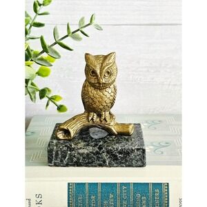 Vintage Solid Brass Owl on Branch on Black & Green Marble Base Paperweight